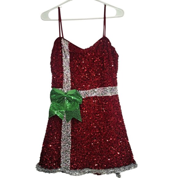 Eyeshadow Red Sequin Christmas Party Dress Womens XL Green Bow Present (Flaw) - Picture 1 of 7